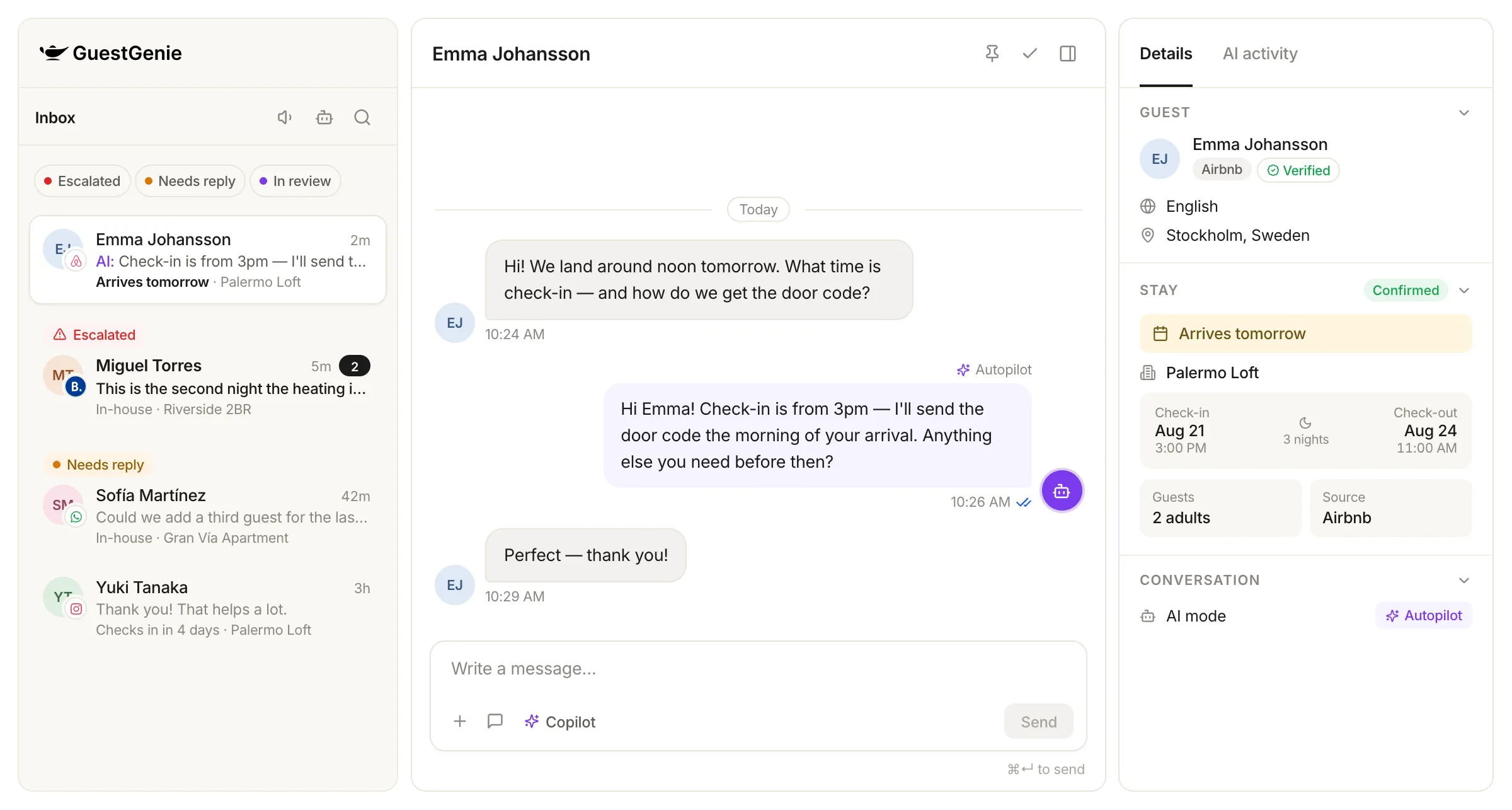 La bandeja de entrada de GuestGenie: lista de conversaciones, mensajes del huésped y detalles, lado a lado
