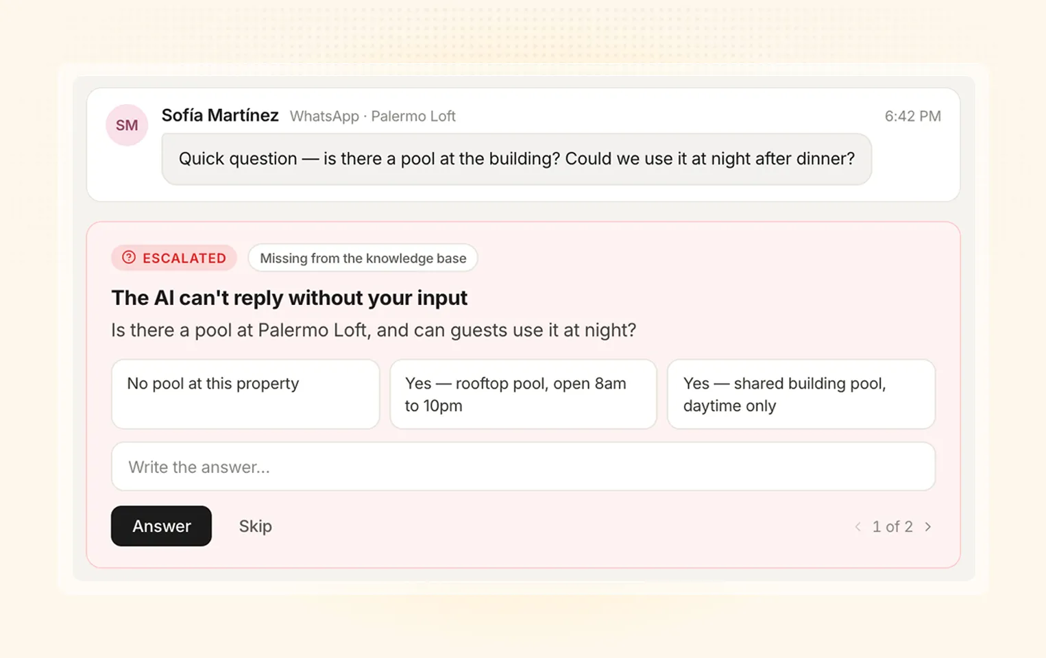 The AI asking the property manager a question to fill a knowledge gap
