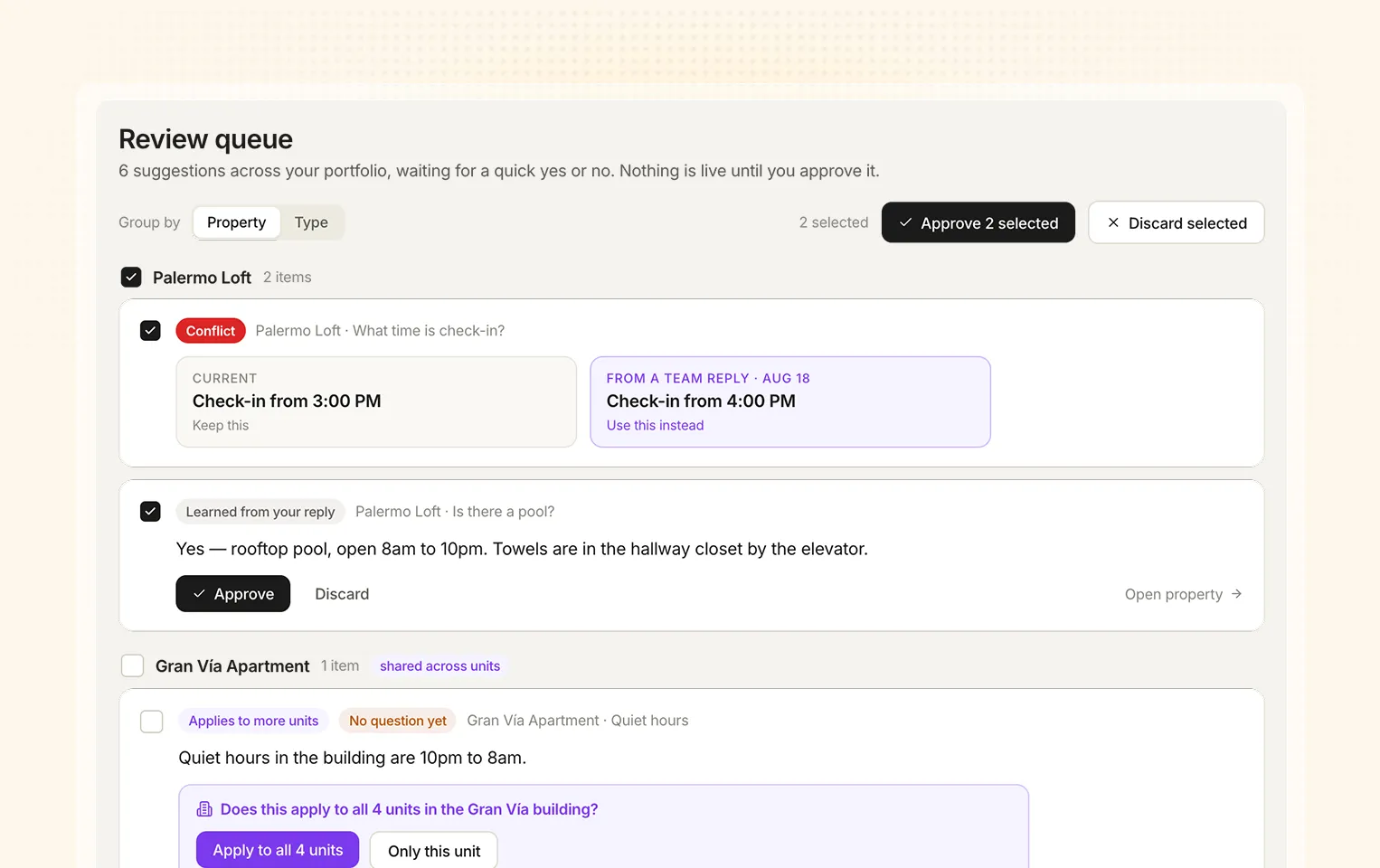 The review queue with a suggestion shown next to the current answer